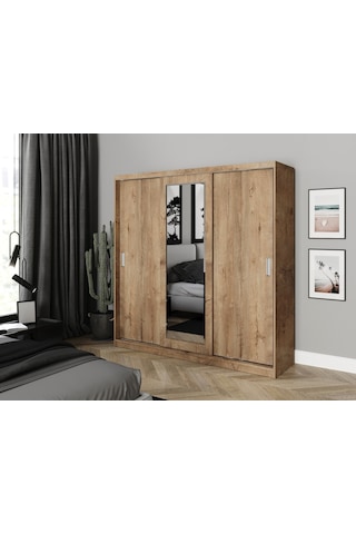 Kznhome 3 Kapaklı Sürgülü Aynalı Gardrop Elbise Dolabı - Tamamı Meşe Mdf