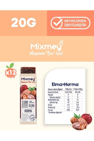 Mixmey Hurma Meyve Barı 12 Adet | Sağlıklı Atıştırmalıklar – Vegan, Glutensiz, Koruyucusuz (20GR X 12 ADET)