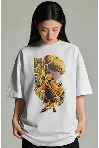 Unisex Oversize Zenitsu Agatsuma Demon Slayer Anime Karakter Ön B Beyaz
