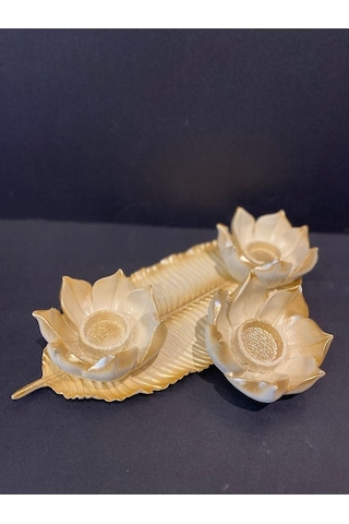 Dekoratif Polyester Üçlü Mumluk Krem-gold Eskitme