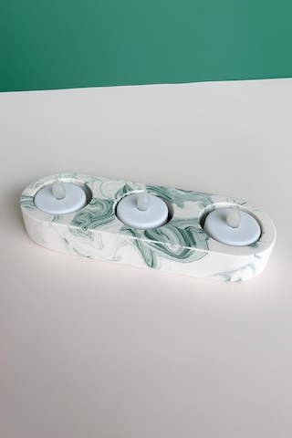 El Yapımı Yeşil Mermer Desenli 3 Gözlü Beton Tealight Mumluk Minimal Dekoratif Şamdan Yeşil
