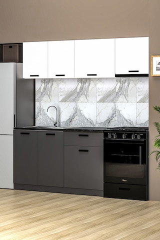 Antino 200 Cm Mutfak Dolabı, Hazır Mutfak Dolabı Tezgah + Çelik Evye Dahil Siyah