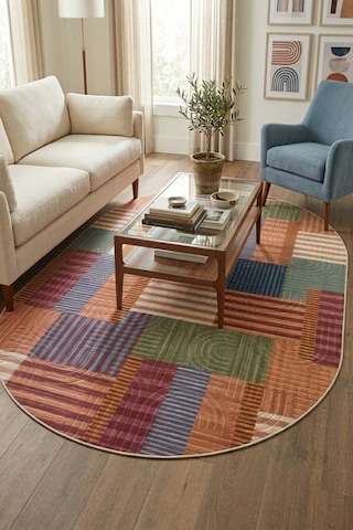 Raschel Carpet Oval Bohem Yıkanabilir Leke Tutmaz Modern Multi Renkli Özel Seri Kaymaz Taban Halı Kilim Yolluk Rcmultı Klm Yenımdl Elıps 002 Çok Renkli