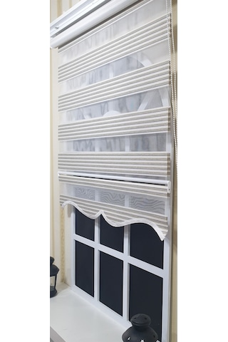 Storburada Zebra Stor Perde Mavi Çizgili Etek Dilimli St 011 Ekru