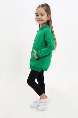 Toontoy Kids Toontoy Kız Çocuk 2'li Takım Baskılı Kapüşonlu Düşük Omuz Cepli Yırtmaçlı Sweatshirt & Basic Düz Tayt Çimen Yeşili