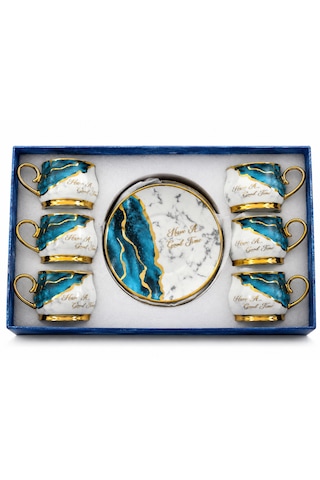 Premium Porselen 6 Kişilik Türk Kahvesi Fincan Takımı Mavi Mermer Desenli Gold Detaylı Şık Hediye Seti Çok Renkli