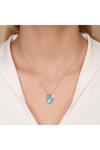 Zirkon Taşlı Pırlanta Montür Gümüş Rengi Kaplama Ortası Turkuaz Taşlı Desenli Oval Gümüş Kolye Gold - Rose Gold - Gümüş