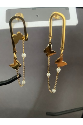 Kelebek Ve İncili Sarkık Çelik Küpe