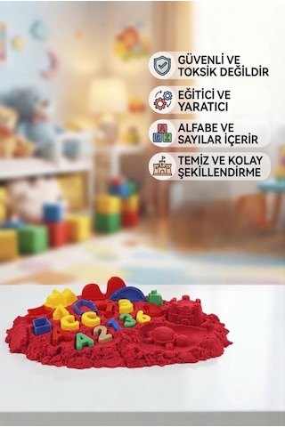 Sihirli Eğitici Oyun Kumu 1000 Gr 43 Parça Kinetik Kum Seti Alfabe Ve Sayı 3d Kalıplı Çocuk Oyuncağı Kırmızı