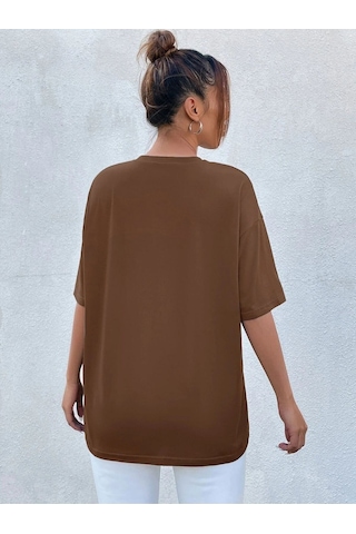 Flood Of Style Kadın Kahverengi Nashvılle Baskılı Oversize Bisiklet Yaka Tişört