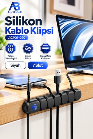 Apollobell Acp01-020 Ab 7 Yuvalı Bilgisayar Kablo Klipsi Ve Silikon Kablo Tutucu Düzenleyici.