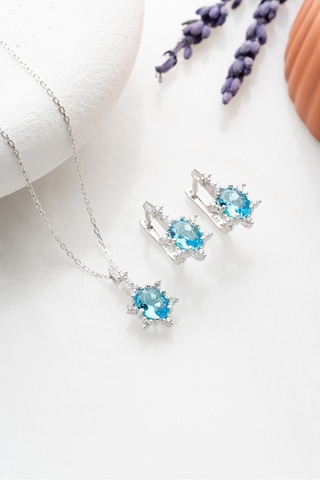 Nereze 925 Ayar Gümüş Aquamarin Oval Taşlı Küpe Ve Kolye Set