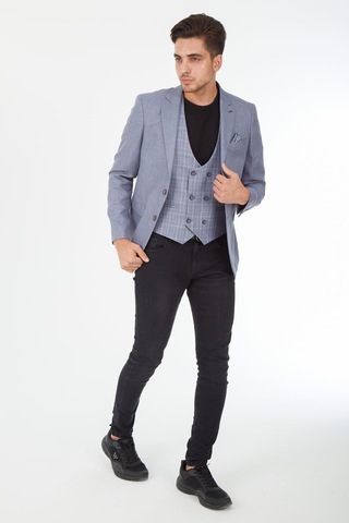 Sposo 5139 Ekose Yelekli Dar Kalıp Gri Erkek Blazer Ceket Gri