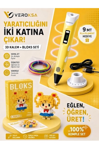 Sarı 3d Kalem + 204 Parça Bloks Seti Hayal Et, Çiz, İnşa Et Anime Kız