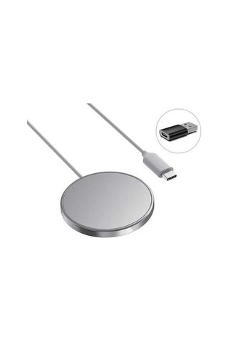 Sandwich Hızlı Şarjlı Mini Manyetik Kablosuz Şarj Cihazı + Adaptör, Gümüş