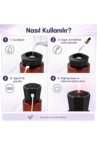 Araç İçi 120 Ml Ultrasonik Hava Nemlendirici Ve Aromaterapi Difüzörü Type-c Şarjlı Koku Siyah