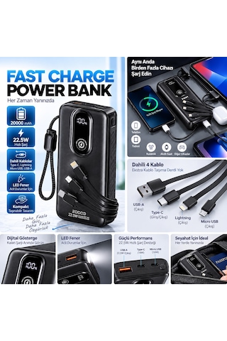 İphone 17 Uyumlu 20000 Mah Powerbank 22.5w Hızlı Şarj 4 Dahili Kablolu Led Fenerli Dijital Göstergeli Siyah