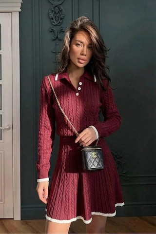 Sayzen Your Shine Polo Yaka Saç Örgülü Kazak-etek Triko Takım Sy-25100 Bordo