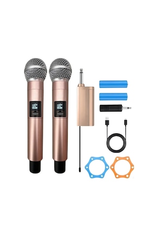 Nm-store Profesyonel Çiftli Kablosuz Mikrofon Seti Karaoke Şarj Edilebilir 50 Metre Mesafe Rose