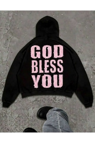 Hunors Sportswear & Company God Bless You Baskılı Unisex Model Pamuklu Kapüşonlu Sweatshirt SIYAH