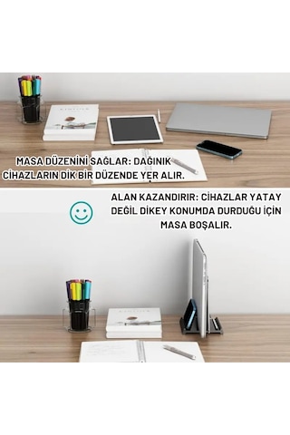 Polham 3in1 Arada Ayarlanabilir Metal Dikey Laptop Standı Laptop, Tablet Ve Telefon Tutucu,ayarlanabilir Genişlikli Siyah