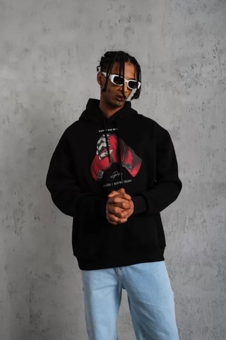 Veraura Lifestyle Erkek Eldiven Baskılı Kapüşonlu Sweat - Siyah