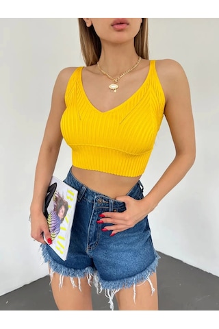 V Yaka Askılı Crop Triko Büstiyer Sarı - Df2202 Çok Renkli