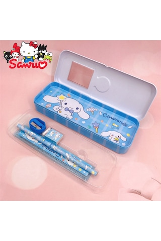 Kawaii Sanrio Kuromi Metal Kalem Kutusu Kırtasiye Seti Cinnamoroll Kuromi Kalemlik Hediye Seti Mavi