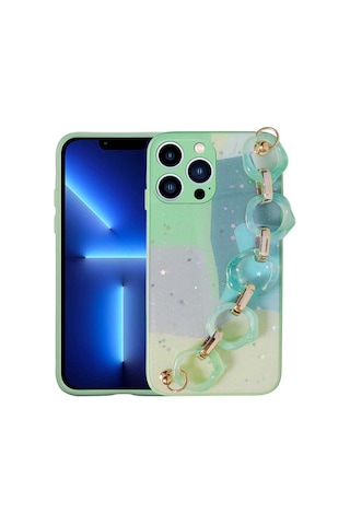 Apple Uyumlu iPhone 13 Pro Uyumlu Simli Desenli El Askılı Tutacaklı Zore Elsa Silikon Kılıf-yeşil Yeşil -
