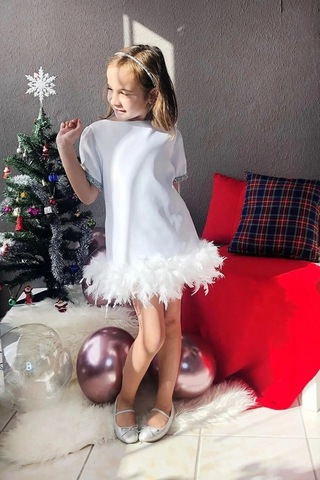 Lilymoon Tüylü Etek Ucu Kız Abiye Elbise Beyaz
