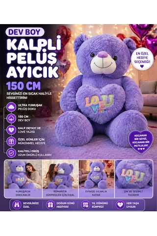 Dev Boy Kalpli Peluş Ayıcık 150 Cm Ultra Yumuşak Büyük Boy Sevgiliye Özel Hediye Ayı Mor