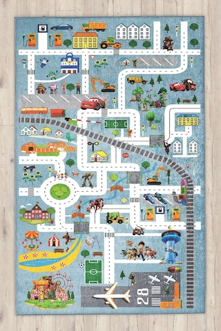 Eğitici Yol Arabalı Çocuk Halısı Mavi