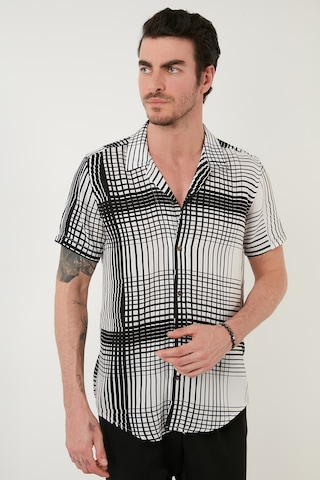 Buratti Regular Fit Kısa Kollu Apaş Yaka Desenli Erkek Gömlek Cf21S114293 Ekru-Siyah
