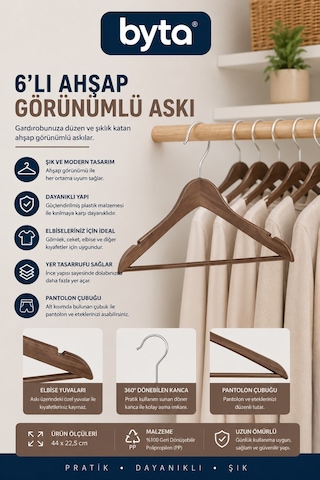 6'lı Ahşap Görünümlü Elbise Askısı Pantolon Çubuklu Dayanıklı Plastik Kıyafet Askısı Kahverengi Kahverengi