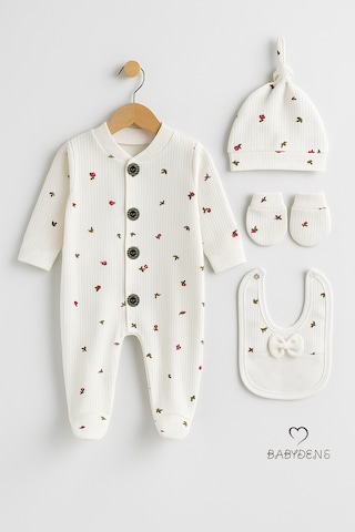 Babyden's 4 Lü Kız Bebek Fitilli Yenidoğan Tulum Seti %100 Pamuklu Hastane Çıkışı Tulum, Şapka, Eldiven, Önlük Ekru