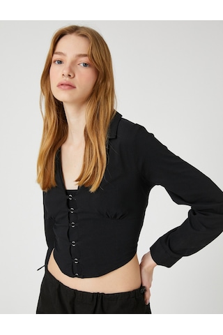 Koton Crop Poplin Gömlek Aksesuar Detaylı Uzun Kollu Asimetrik Kesim Siyah 3sal60097ıw 3SAL60097IW999 Siyah