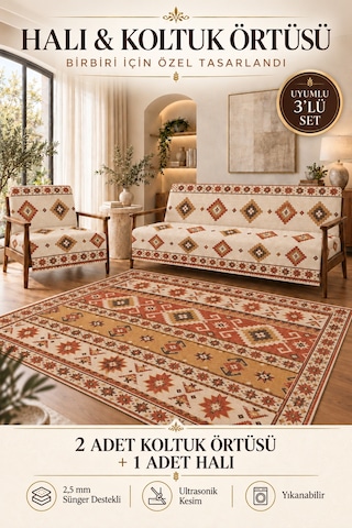 3 Lü Set 2 Adet 165x215 Cm Koltuk Örtüsü + 1 Adet 6m2 180x280 Cm Kaymaz Taban Dijital Baskılı Halı Kiremit