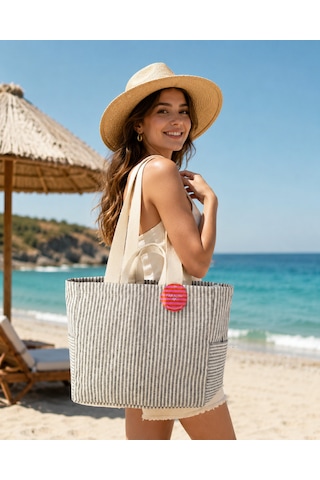 Faralya Life Çıtçıtlı Çift Saplı Kısa Ve Uzun Sap Lacivert Çizgili %70 Pamuk %30 Polyester Çift Cepli 50 42 Ölçüde Omuz Çantası Çok Amaçlı Kadın Çanta Plaj Çantası