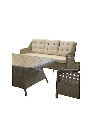 Garden House Alüminyum Kapuçino Rattan Krem Kumaşlı Bahçe Koltuk Takımı 3 1 1 2 Puf Masa Bahçe Mobilyası Krem