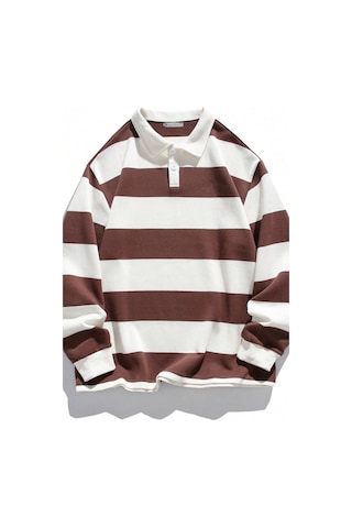 Ghassy Co. Erkek London Çizgili Şeritli Pamuklu İçi Polarlı Polo Yaka Sweatshirt Kahve Kahverengi