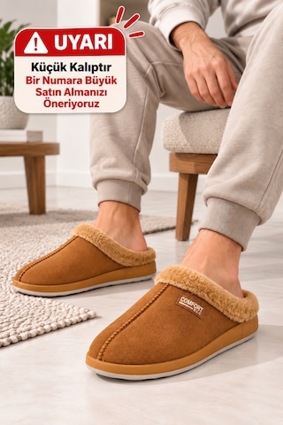 Wordex Slc 1705 Yumuşak İçi Kürklü Yünlü Kışlık Sıcak Tutan Erkek Ev Terliği Taba