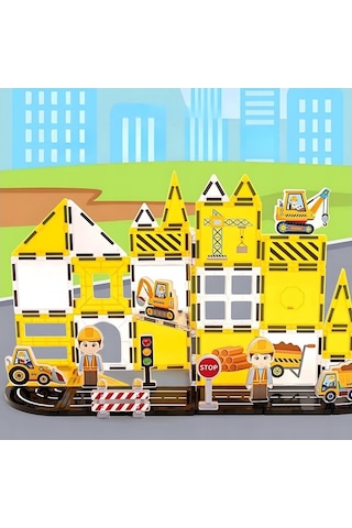 Manyetik Tiles Renkli 47 Parça Manyetik Yapı İnşaat Alanı Magnetic Bloklar