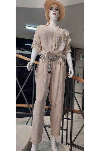 Eren Style İtalyan Kemerli Keten Pantolon-9260 Krem