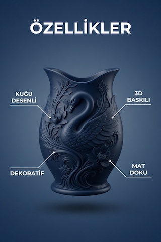 Kuğu Desenli Dekoratif Vazo 15 Cm 3d Baskılı Mat Dokulu Şık Masa Ve Raf Dekoru Lacivert