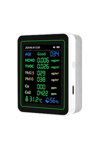 Gajeena Zn-mt14 Beyaz Ayaklı 12'li Hava Kalite Monitörü - Co, Co2, Pm2.5, Hcho Ve Tvoc Tespiti İle Ekranda Eğri Gösterim