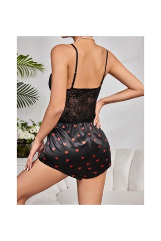Mr Owl Kadın Siyah Kırmızı Kalp Desenli Saten Şortlu Pijama Takımı