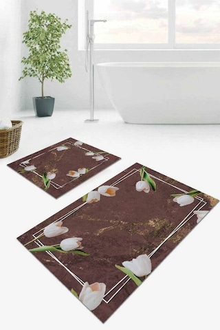Kahverengi Çiçek Desen Banyo Halısı Klozet Paspas Seti Bs012n11