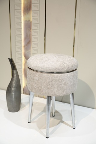 Bella Metal Ayaklı Puflu Teddy Kumaş Puf&sehpa Krom Beyaz Chrome White