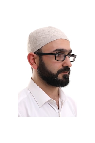 Krem Kışlık Çapraz Desenli Dokuma Takke