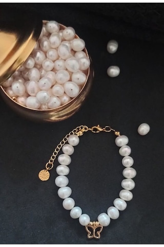 24k Altın Kaplama Gerçek İnci Kelebek Detaylı Trend Bileklik Beya Gold